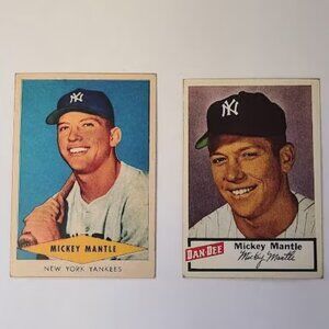 2x Mickey Mantle cards 1954 Red Heart + and 1954 Dan Dee Potato chips custom Bas